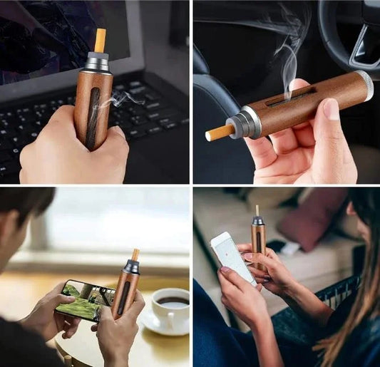 Collage of a wooden portable mini car ashtray being used in various settings.