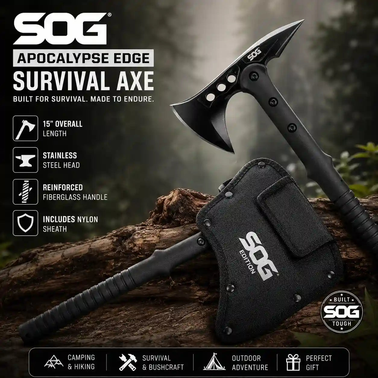 SOG Apocalypse Edge Survival Axe with sheath on a wooden log background