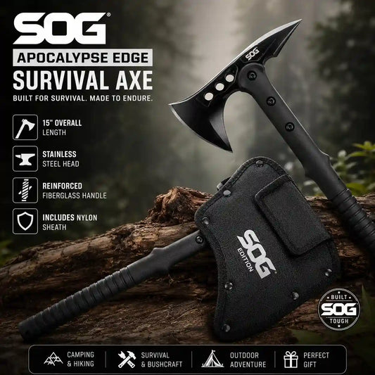 SOG Apocalypse Edge Survival Axe with sheath on a wooden log background