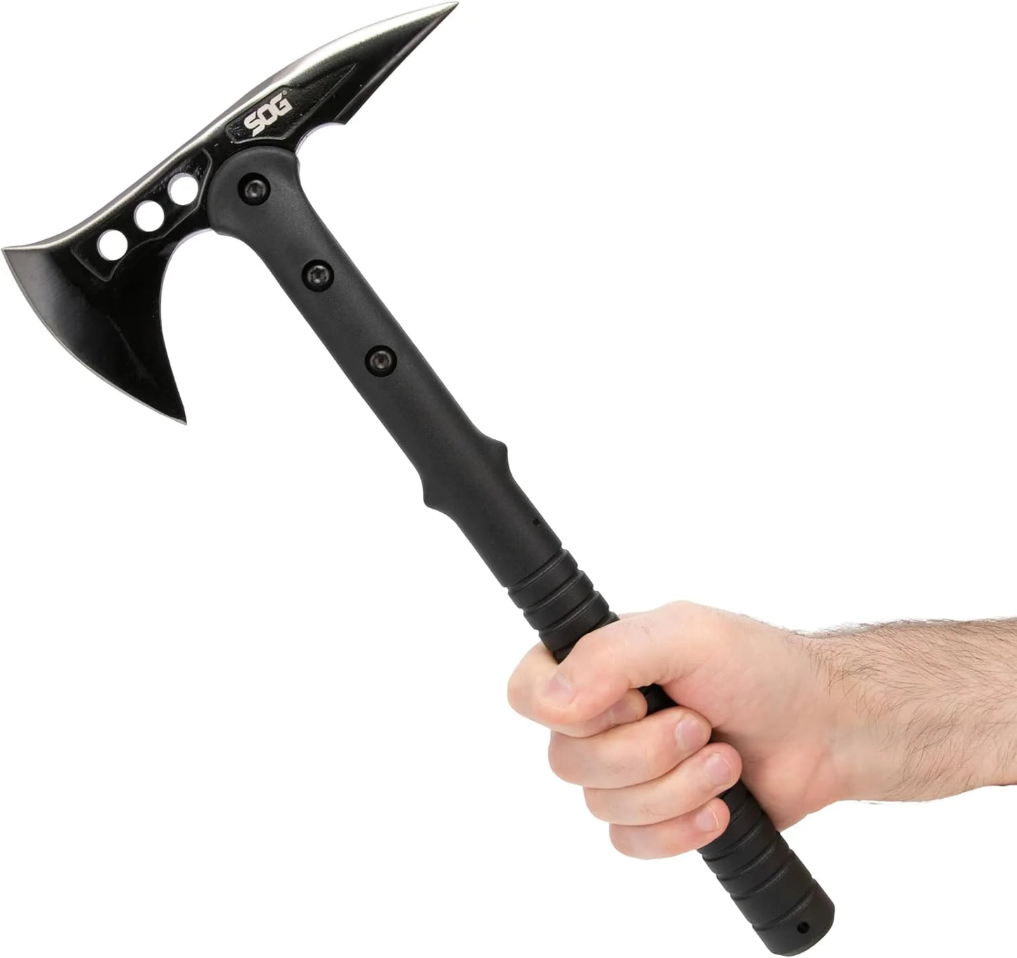 Black tomahawk held by a hand on a white background