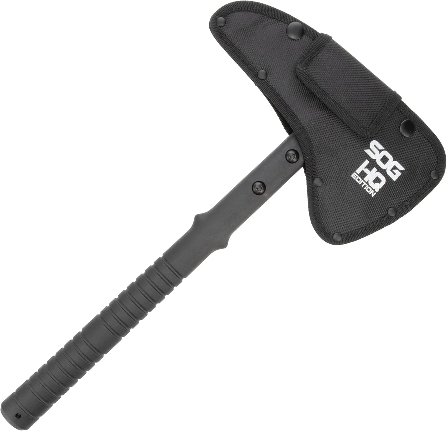 Black tactical axe with sheath on a white background