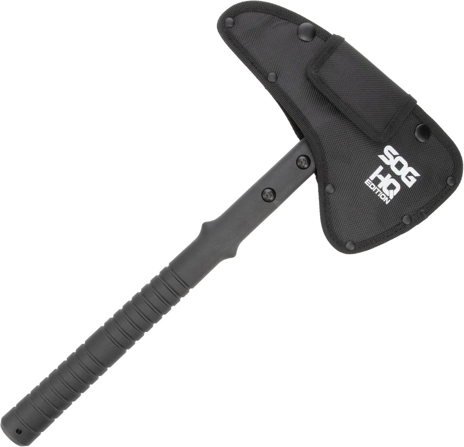 Black tactical axe with sheath on a white background