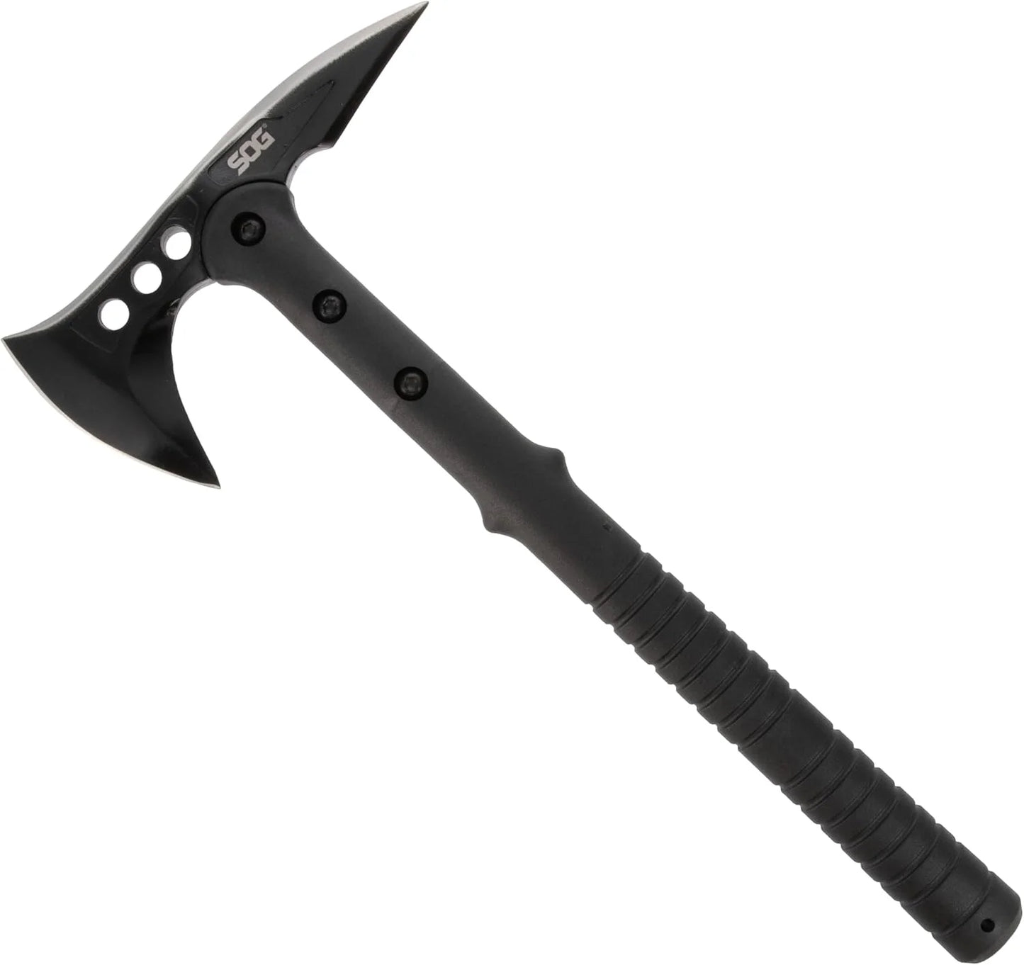 Black tactical axe with a SOG logo on a white background
