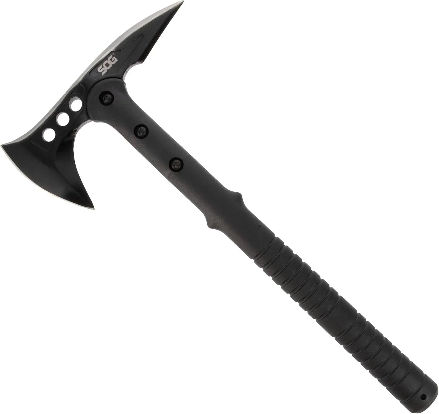 Black tactical axe with a SOG logo on a white background