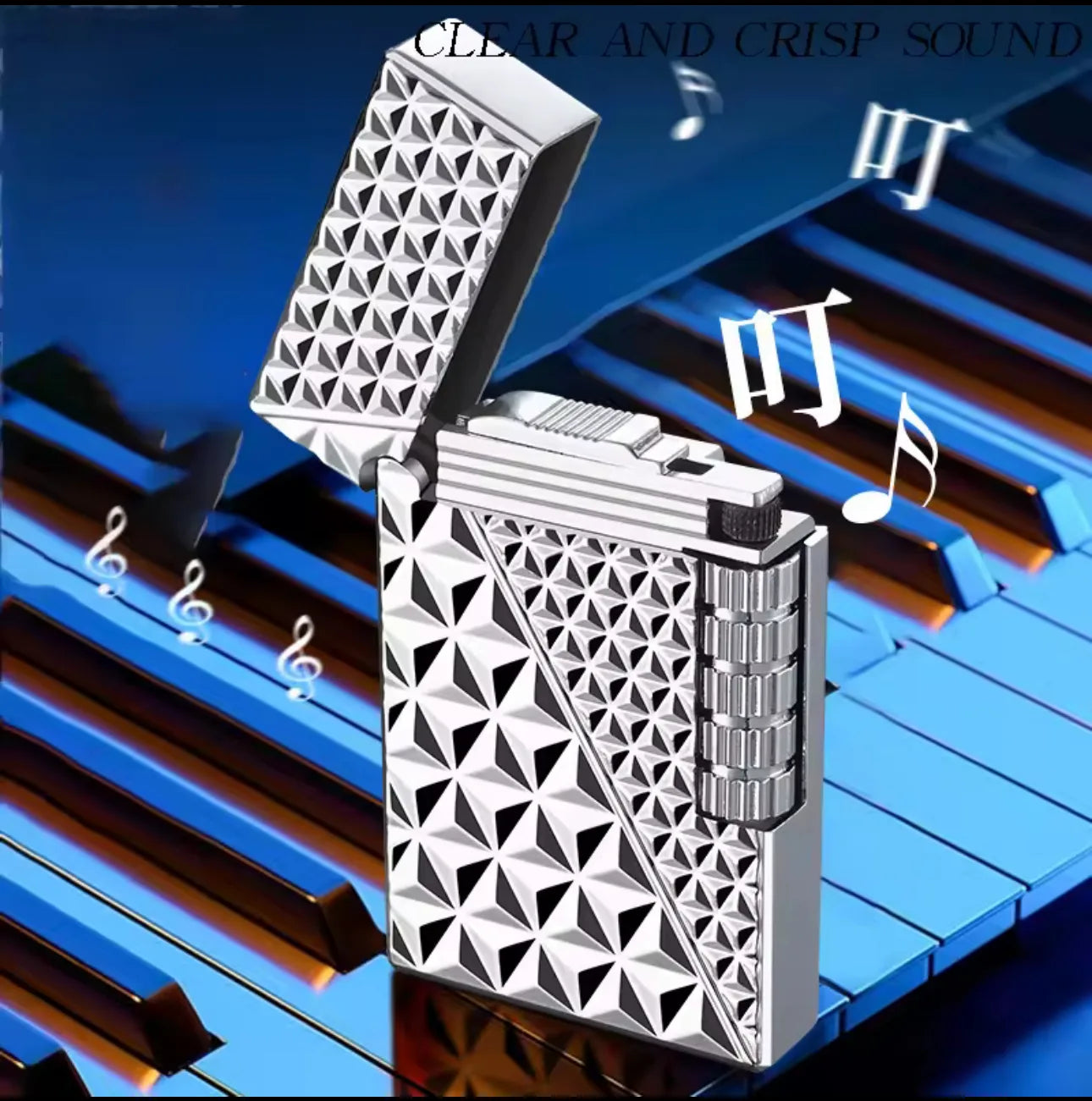 Metallic lighter with geometric design on a blue background