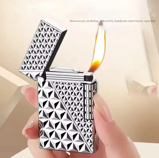 ST Dupont Lighter with geometric pattern being ignited by a flame.