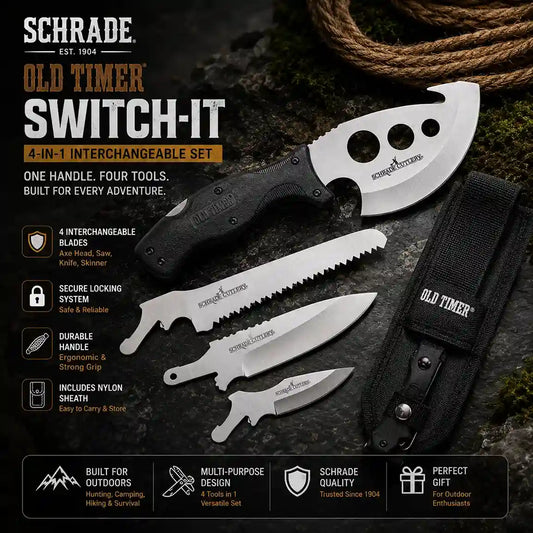Schrade Old Timer Switch-It knife set with four interchangeable blades on a dark background.