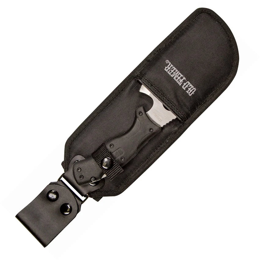 Black knife sheath with a knife inside on a white background