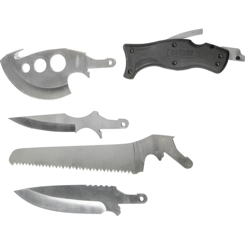 Set of various knives including a machete, folding knife, and others on a white background