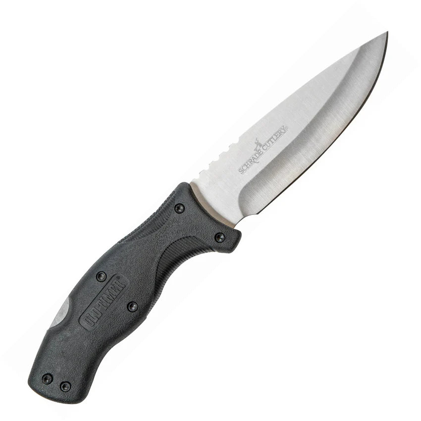 knife with a black handle and silver blade on a white background