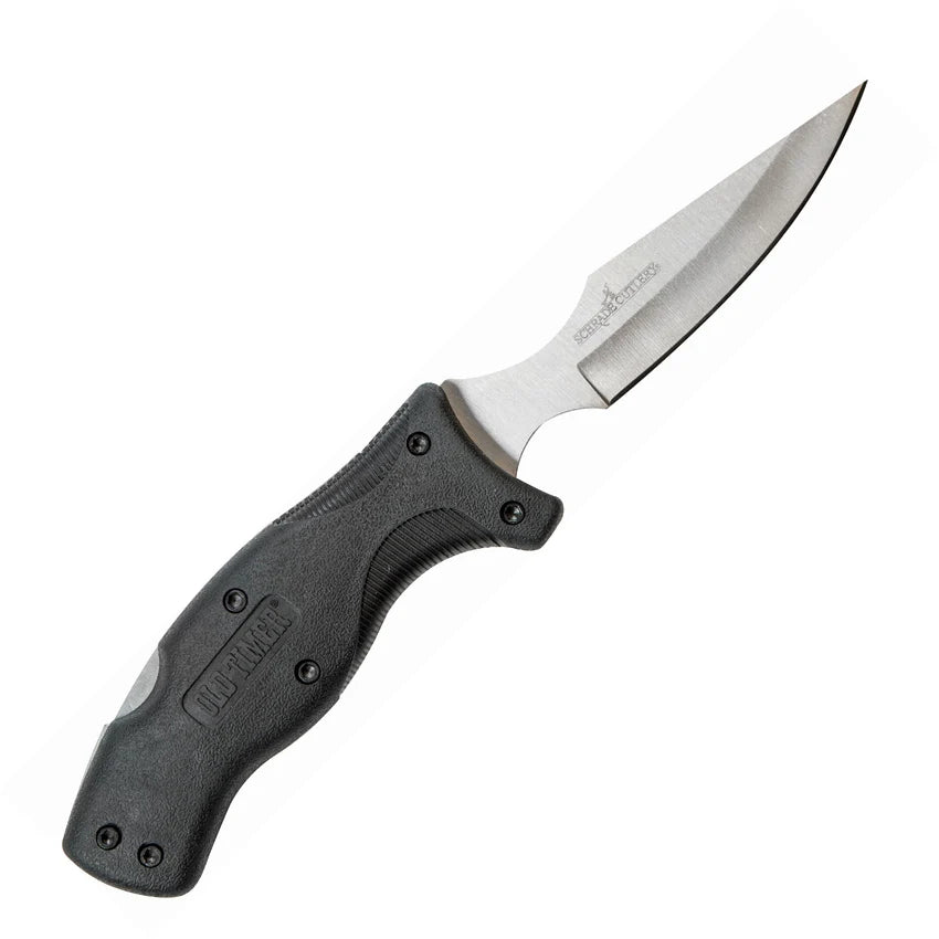 Folding knife with a black handle on a white background
