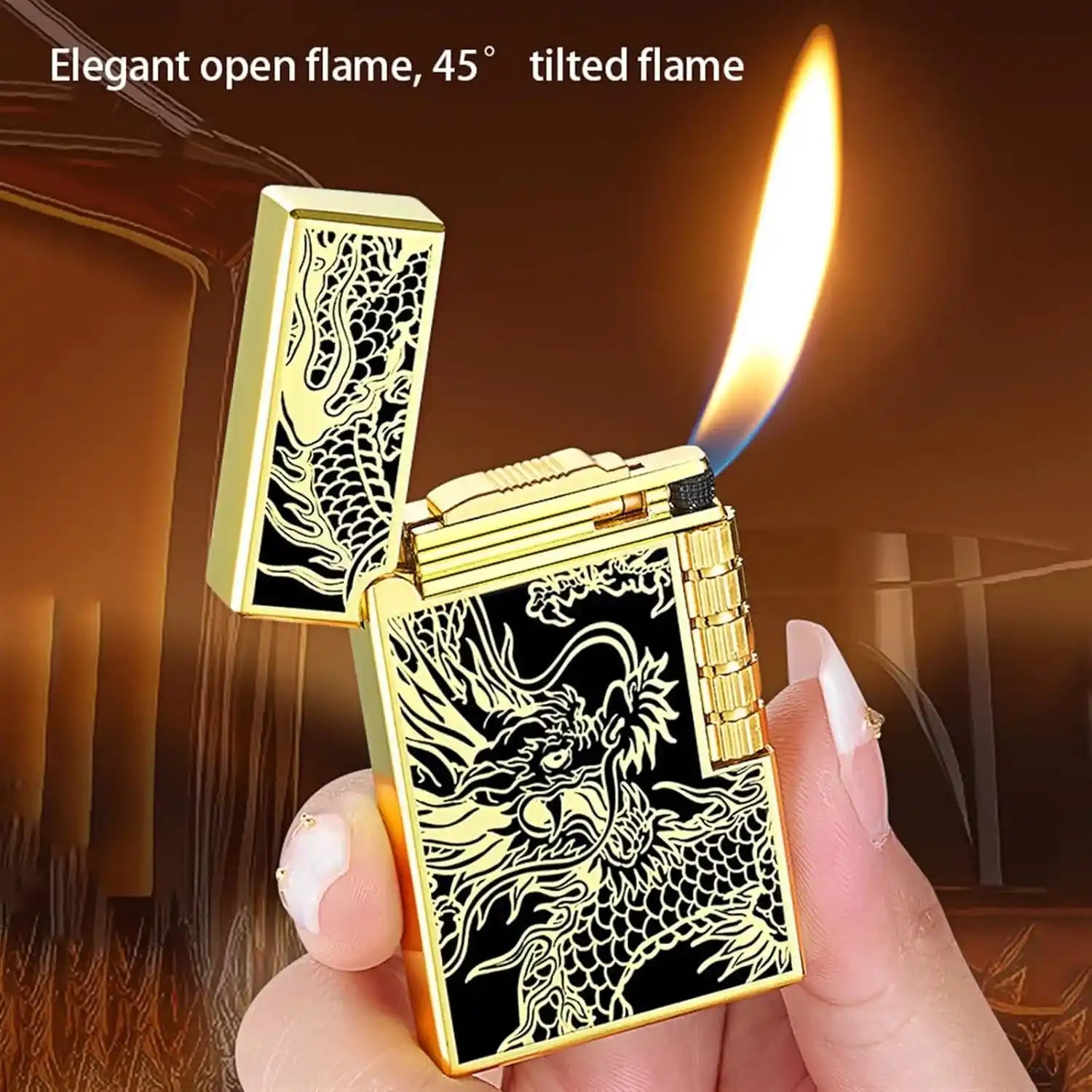 Gold lighter with dragon design being held, showing an open flame.