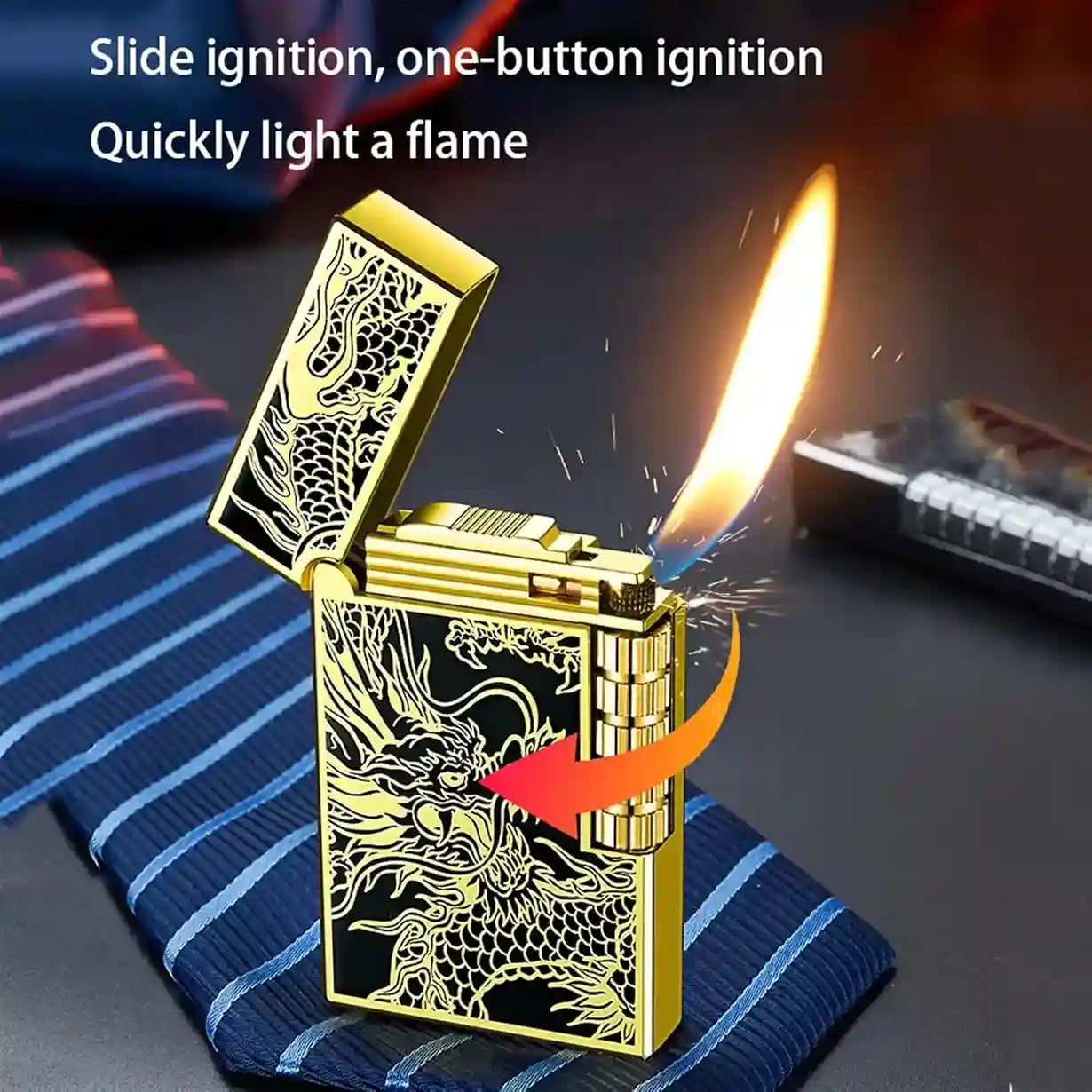 Gold lighter with dragon design igniting a flame on a blue striped fabric background.