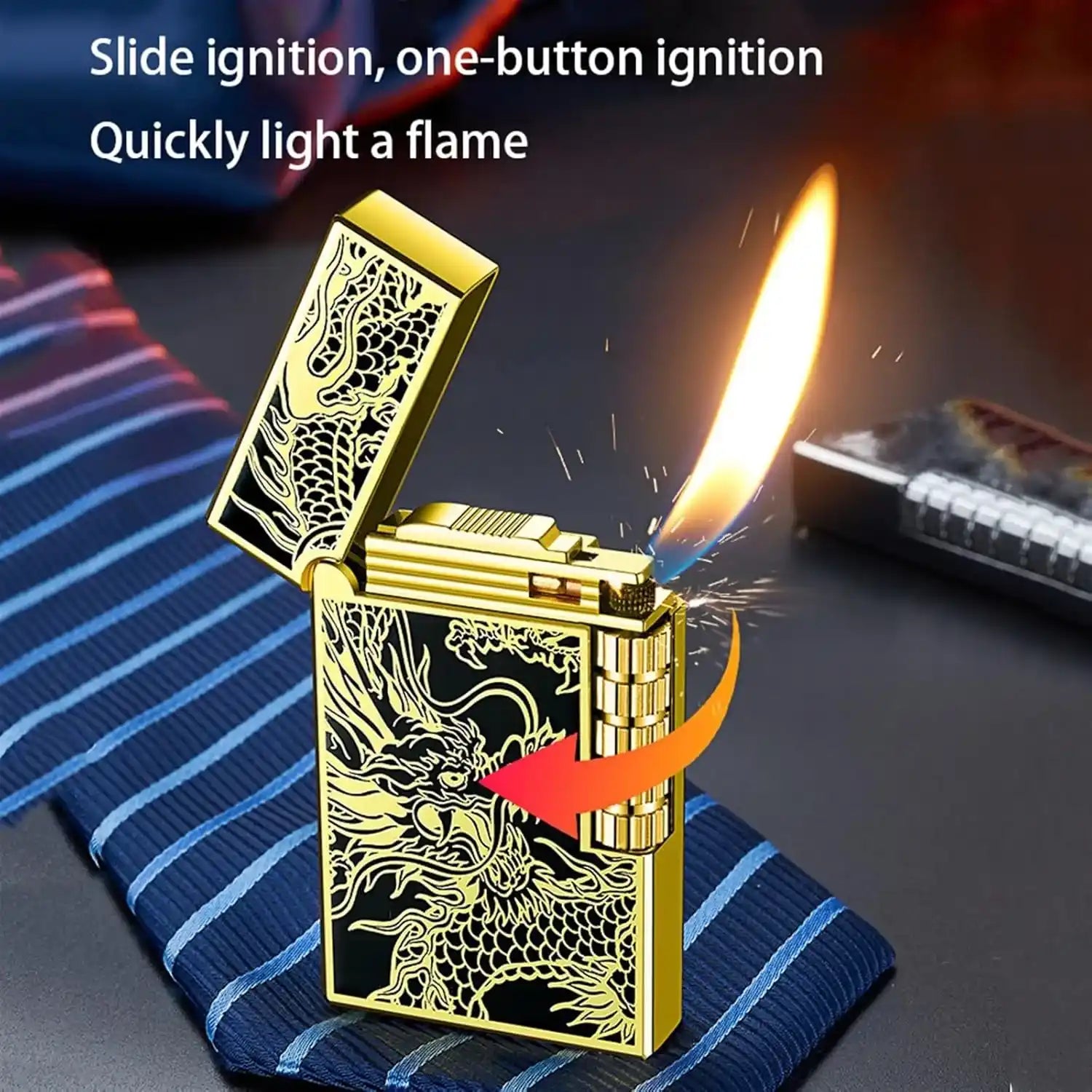 Gold lighter with dragon design igniting a flame on a blue striped fabric background.