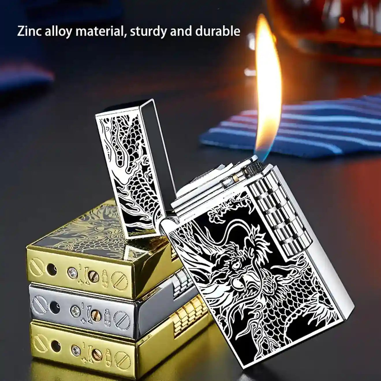Zinc alloy lighters with dragon design on a dark background