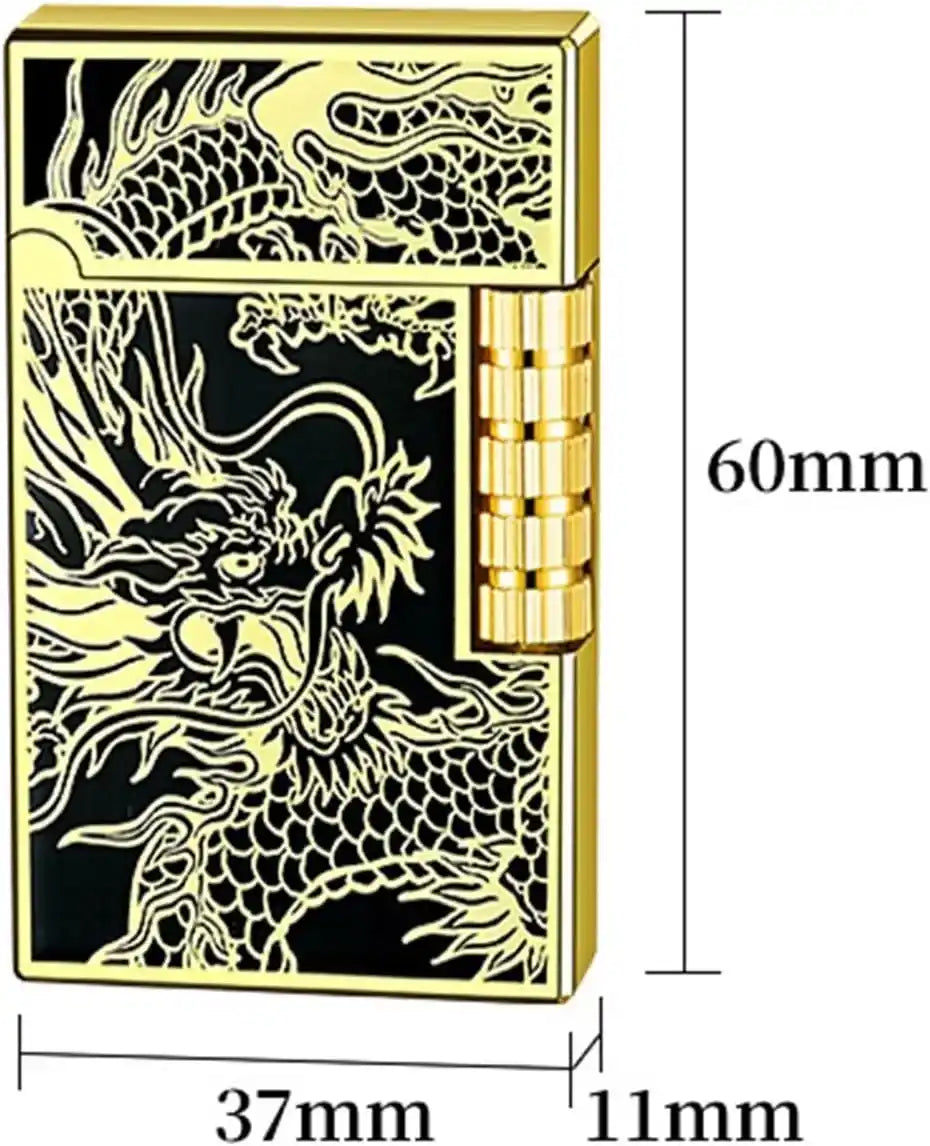 Gold lighter with dragon design and measurements on a white background