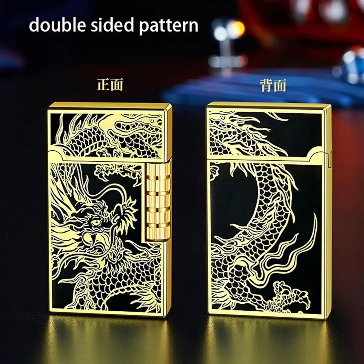 Gold lighter with dragon design and measurements on a white background