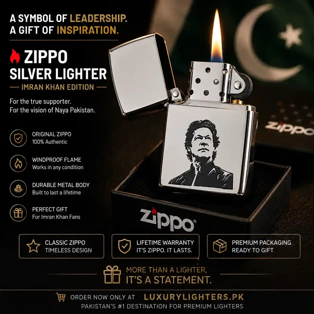 A silver Zippo lighter with a black-and-white portrait engraving is displayed open on a black presentation box against a dark promotional background. The lighter is branded Zippo, and the image includes marketing text and badges about authenticity, windproof flame, durable metal body, and lifetime warranty.