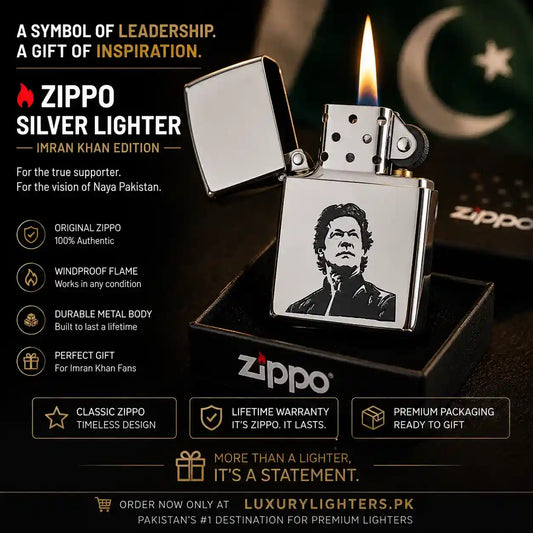A silver Zippo lighter with a black-and-white portrait engraving is displayed open on a black presentation box against a dark promotional background. The lighter is branded Zippo, and the image includes marketing text and badges about authenticity, windproof flame, durable metal body, and lifetime warranty.