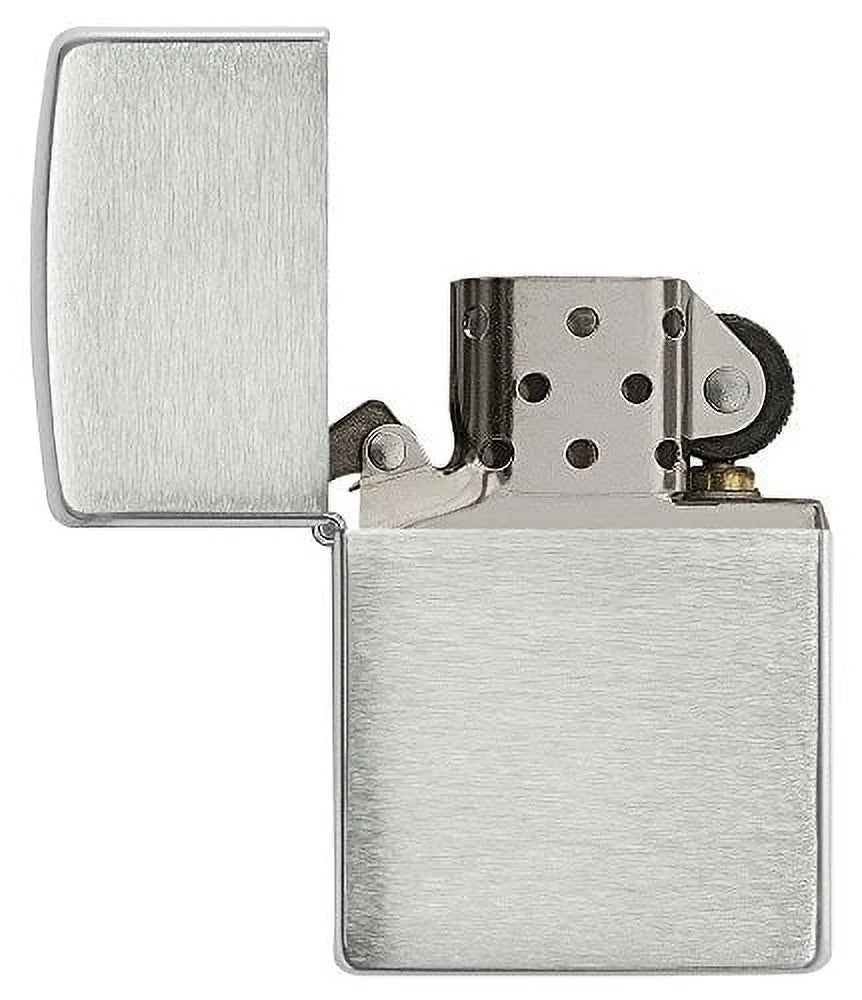 Metallic zippo with a brushed finish on a white background