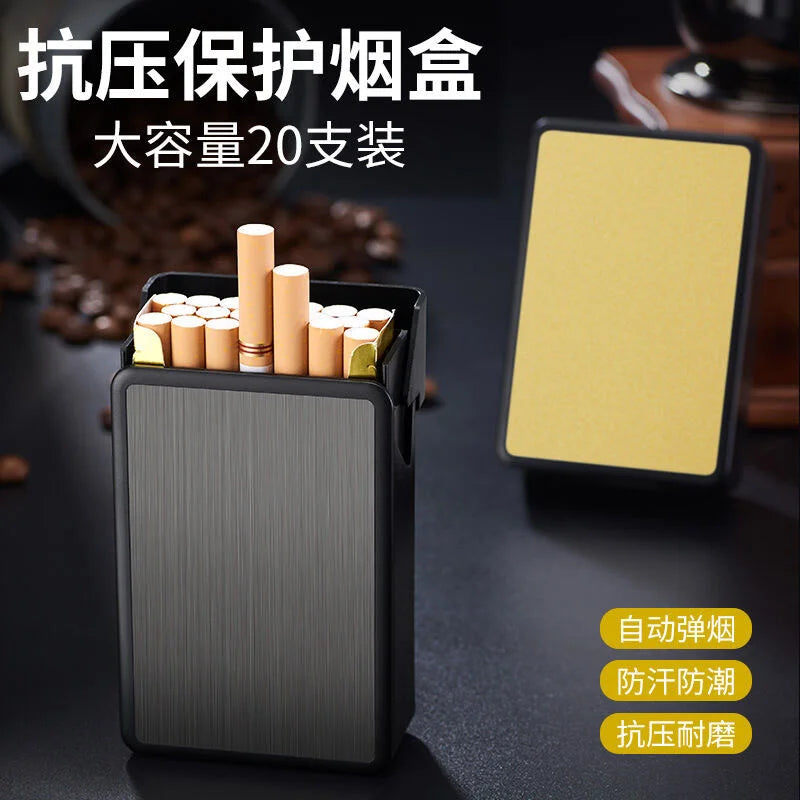 Cigarette case with 20 cigarettes on a dark surface with coffee beans