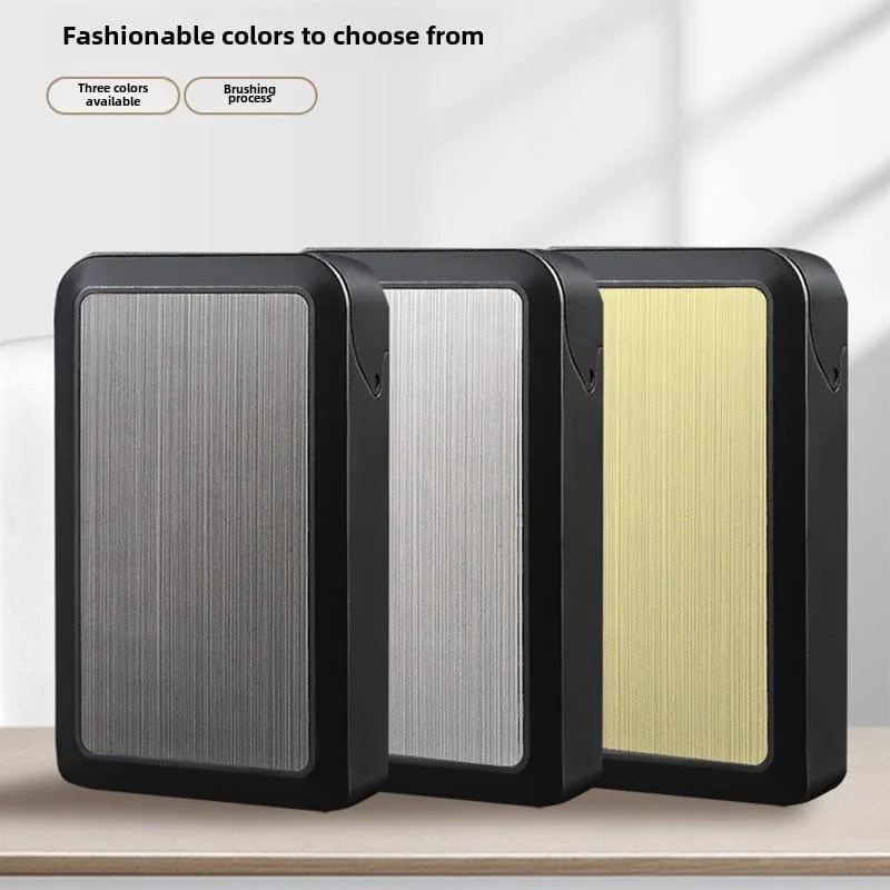 Three rectangular metal cigarette case with different finishes on a white background