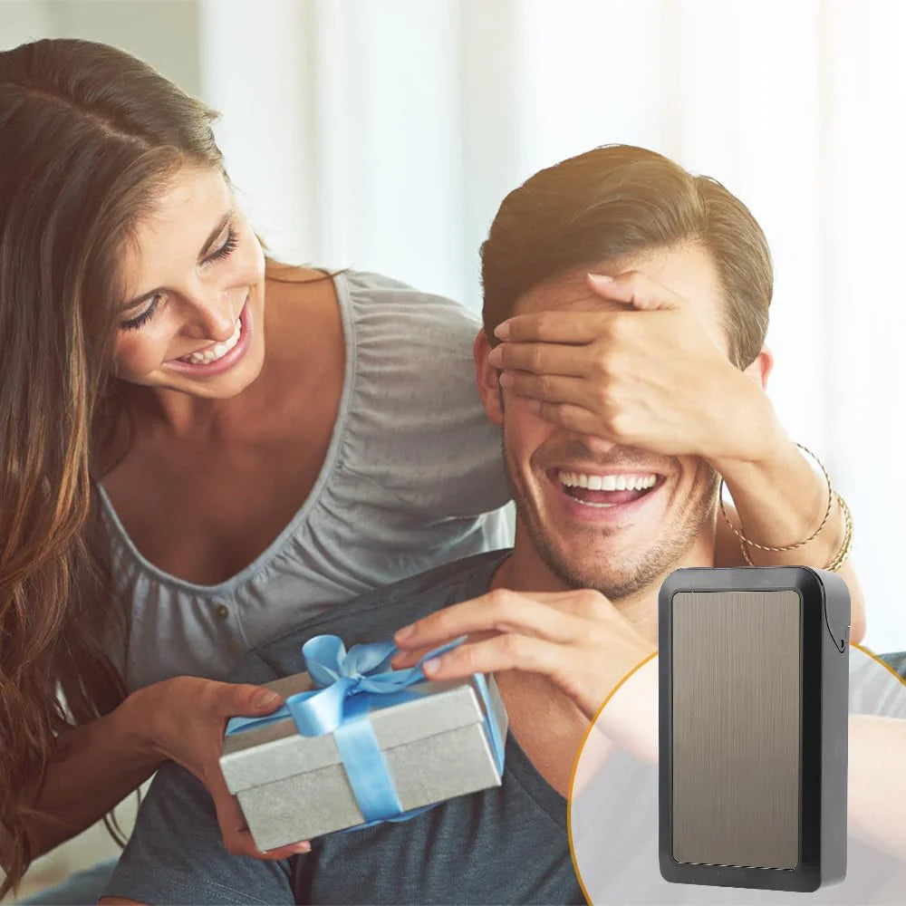 Woman surprising a man with a gift and a cigarette case in the corner.