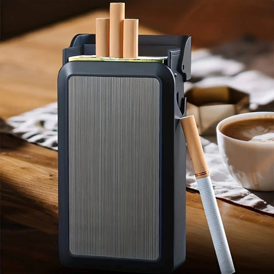Cigarette holder with cigarettes on a wooden table with a cup of coffee in the background