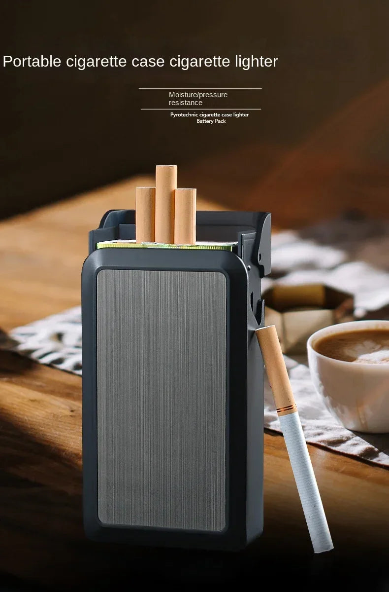 Portable cigarette case lighter with cigarettes on a wooden table.