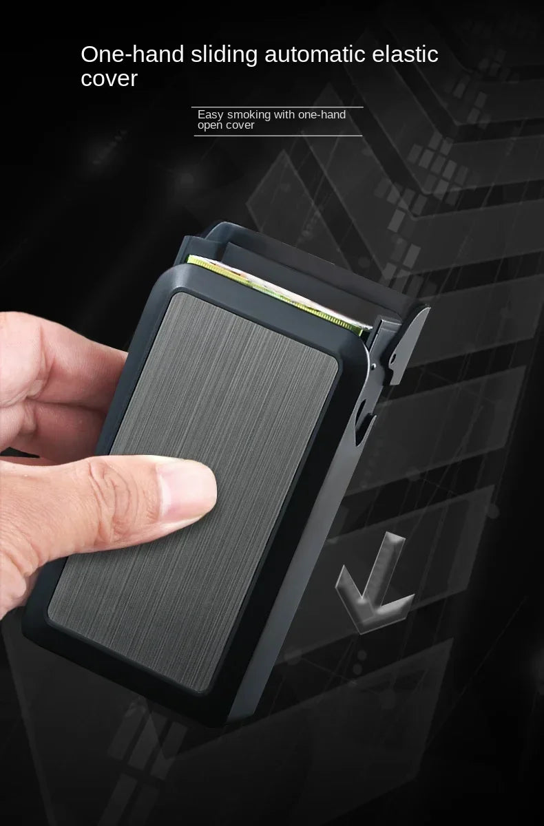 Hand holding a black cigarette case with text about one-hand sliding feature
