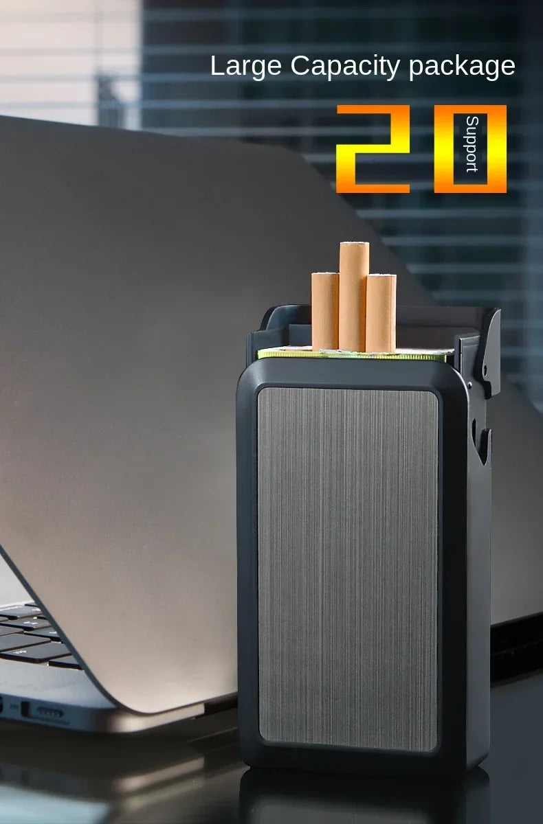 Cigarette case with 20 cigarettes on a desk next to a laptop, with text 'Large Capacity package' and 'Support 20'.