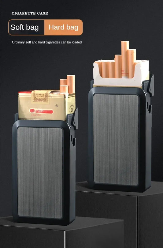 Cigarette case with soft and hard bag options on a dark background