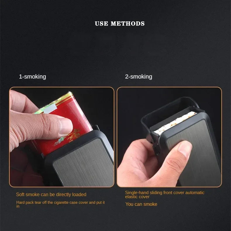 Two methods of using a cigarette case on a black background
