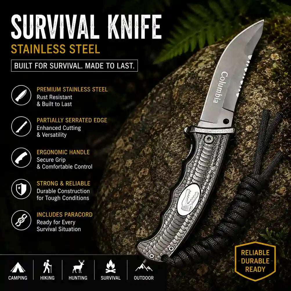 Survival knife with Columbia branding on a rock background, featuring product details.