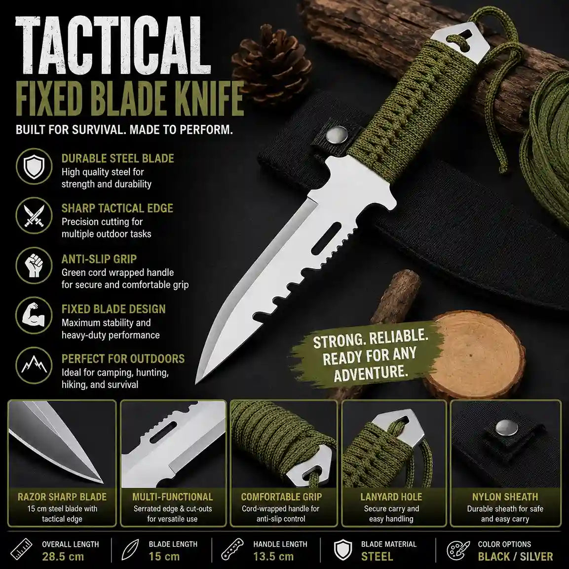 Tactical fixed blade knife with green cord wrap on a dark background, featuring product details.