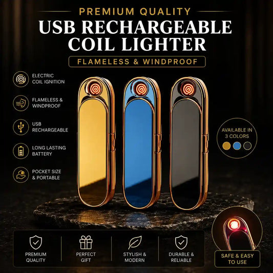 USB rechargeable coil lighter with gold, blue, and black finishes on a dark background.