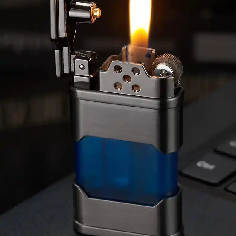 Lighter with blue accent and flame on a dark background