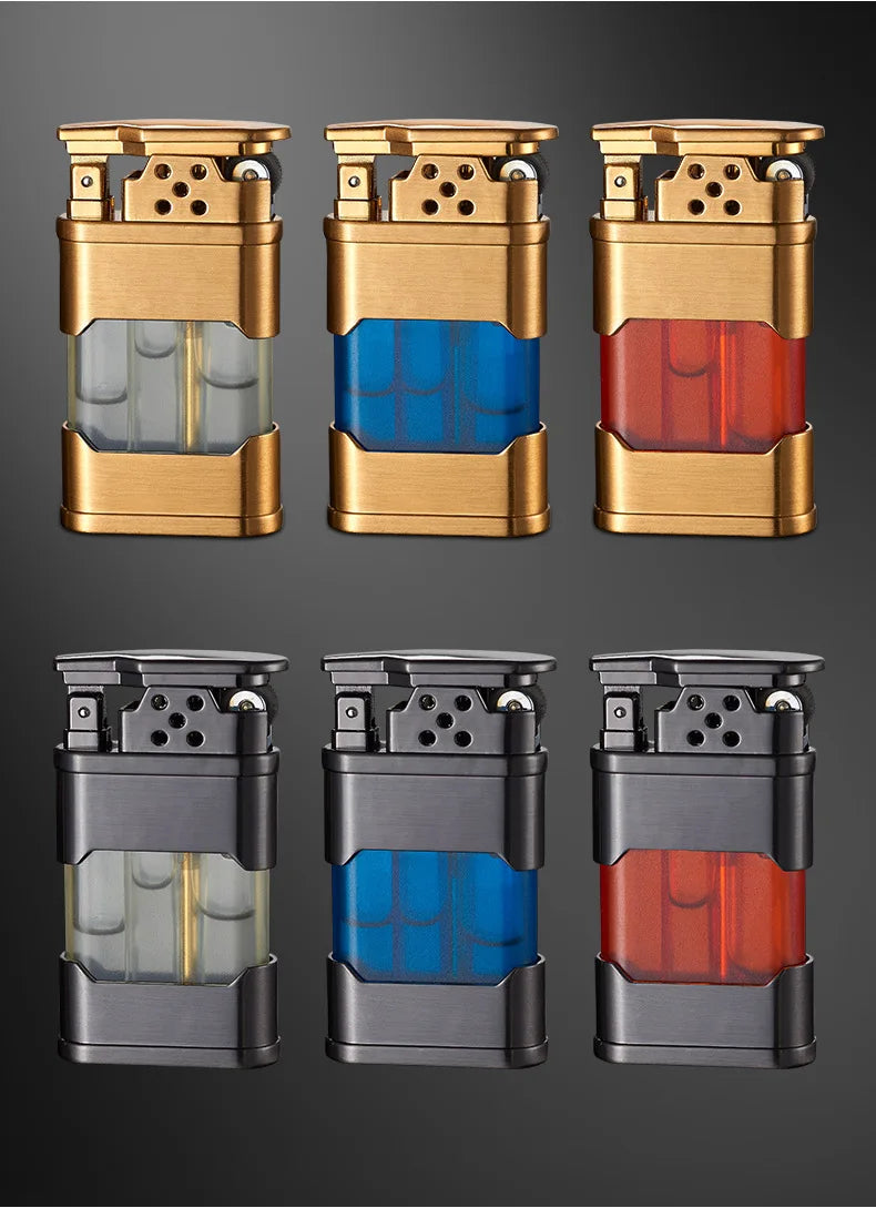 Set of three gold, blue, and red lighters on a dark background