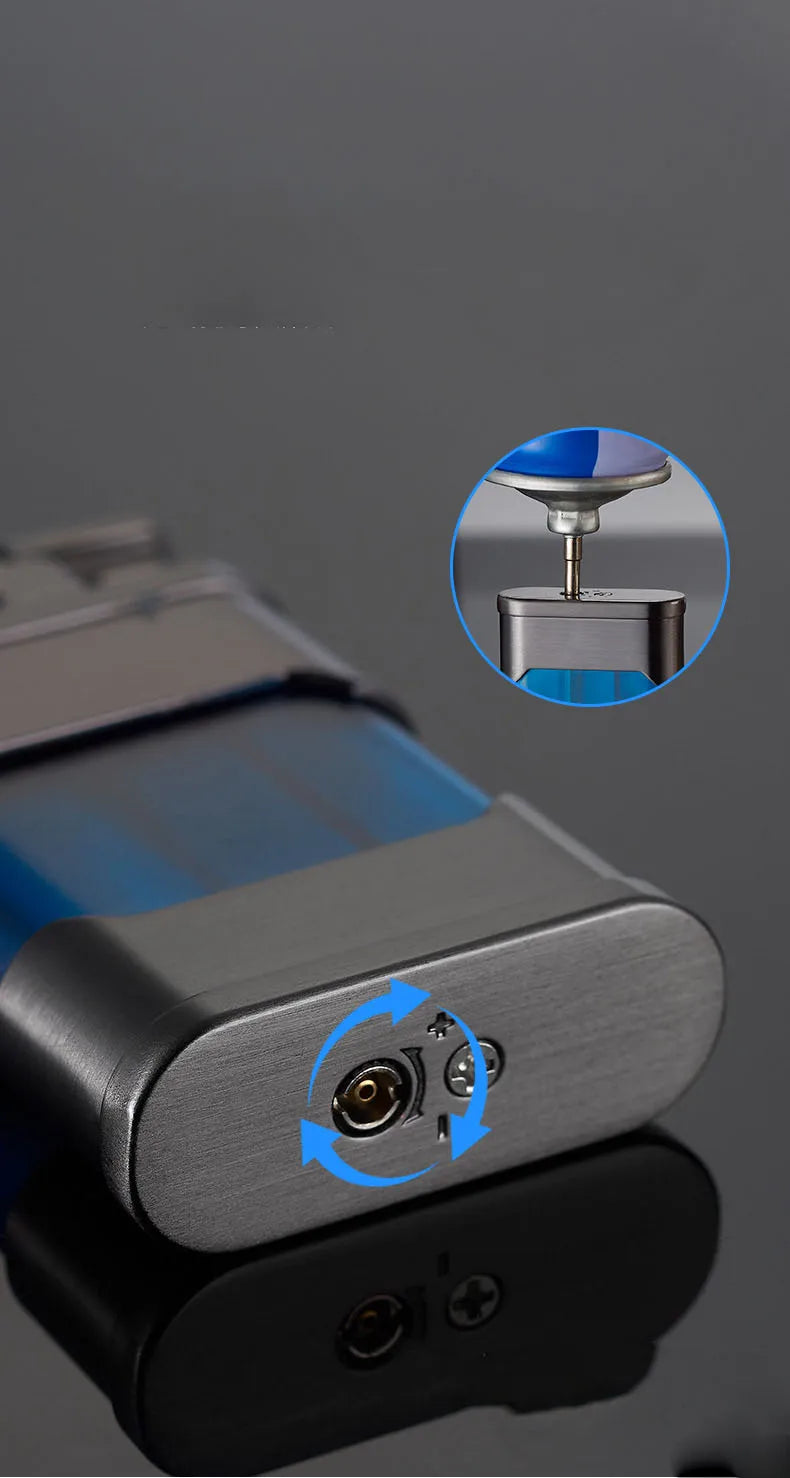 Close-up of a metallic lighter with a small screen wotj gas refill option  on a dark background.