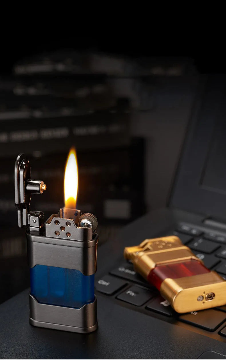 Lighter with flame on a laptop keyboard