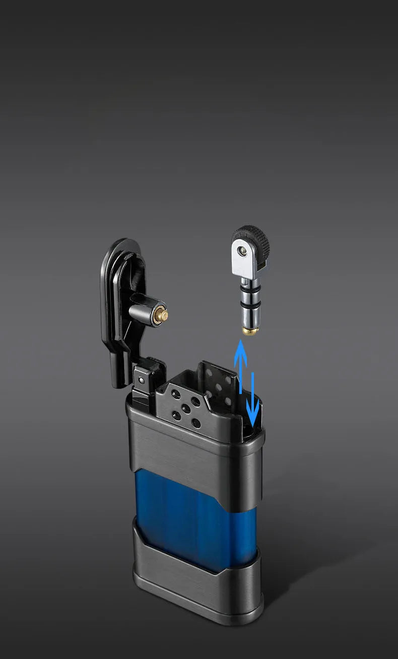 Black and blue lighter with components on a gray background