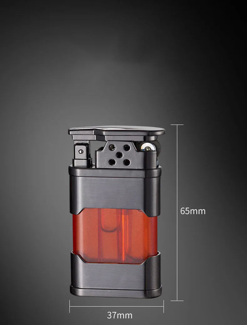Black and red lighter with dimensions on a gray background