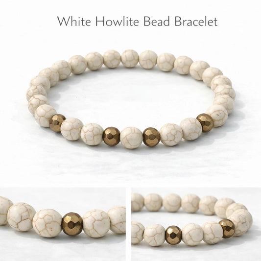 White Howlite bead bracelet with gold accents on a white background