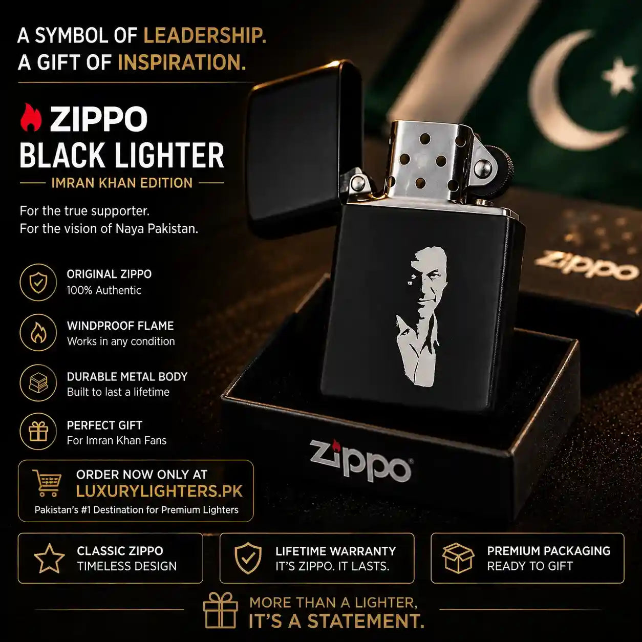 A black Zippo lighter with a printed portrait of Imran Khan on the front, shown open in its branded black box against a dark promotional background with Pakistani-themed graphics and text.
