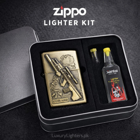 Zippo lighter kit with decorative lighter and fuel bottle in a box, featuring Zippo branding.