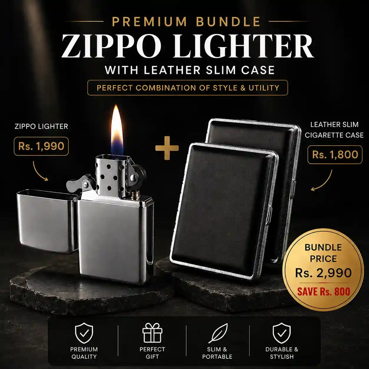Zippo lighter with leather slim case on a dark background
