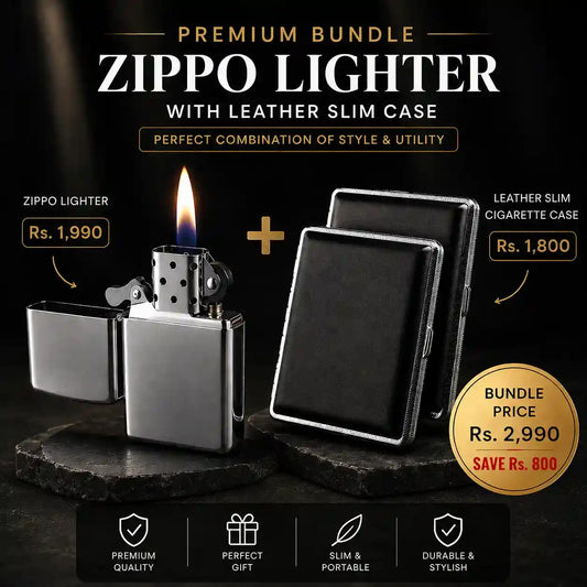 Zippo lighter with leather slim case on a dark background