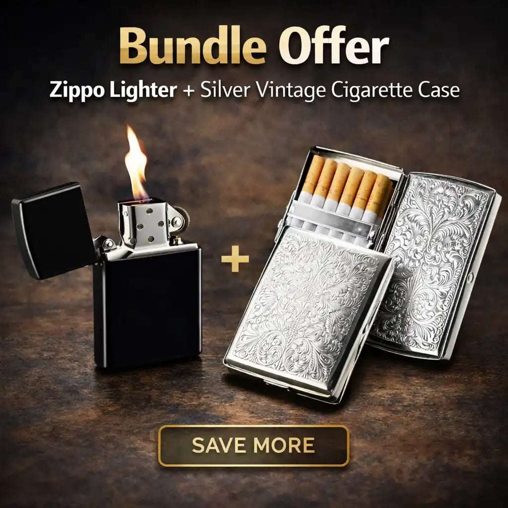 Zippo lighter and silver vintage cigarette case with bundle offer text on a dark background