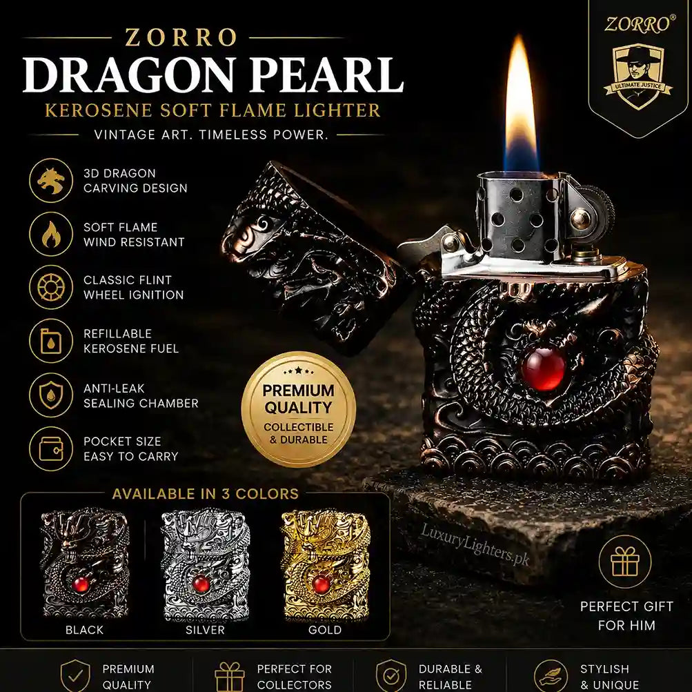 Zorro Dragon Pearl kerosene soft flame lighter with features listed on a dark background