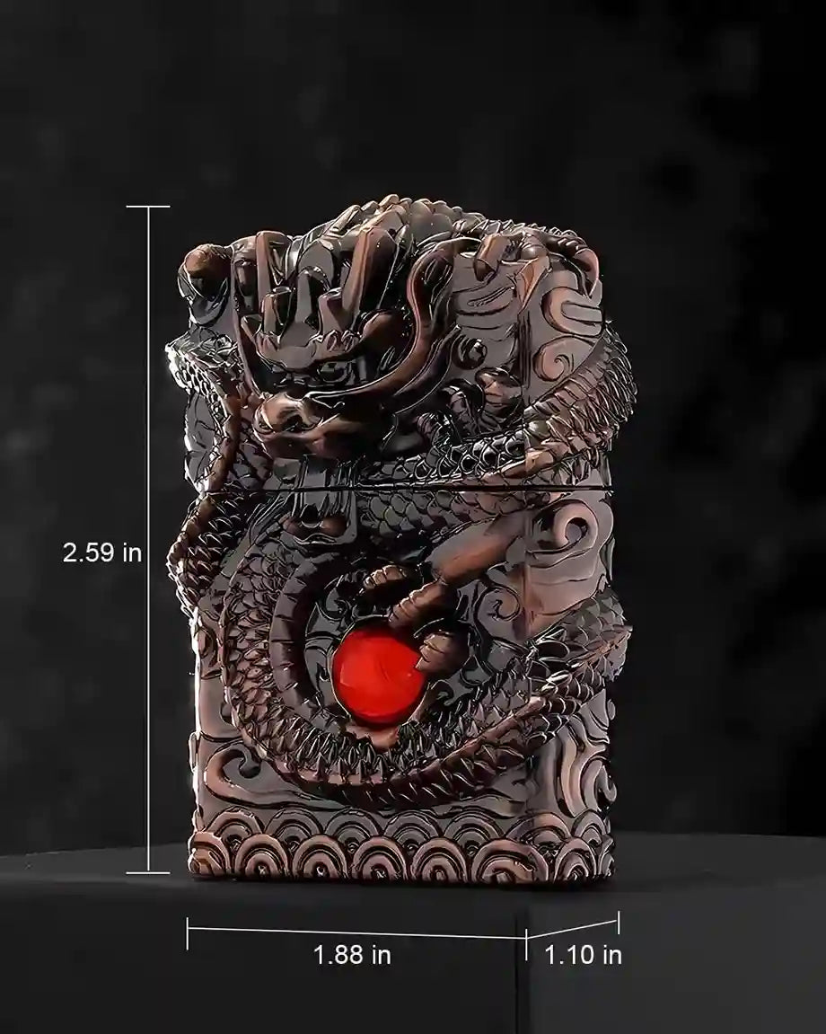 Decorative dragon sculpture with measurements on a dark background